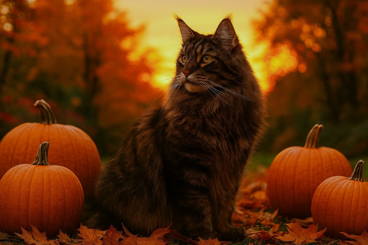 秋の夕暮れ、落ち葉と3つの大きなパンプキンに囲まれた茶色のメインクーンが正面を見つめ、背景には紅葉した森と黄金色の光が広がっている。A brown Maine Coon cat sits among three large pumpkins and fallen leaves during an autumn sunset, gazing forward with amber eyes, with a backdrop of golden light and colorful autumn trees.