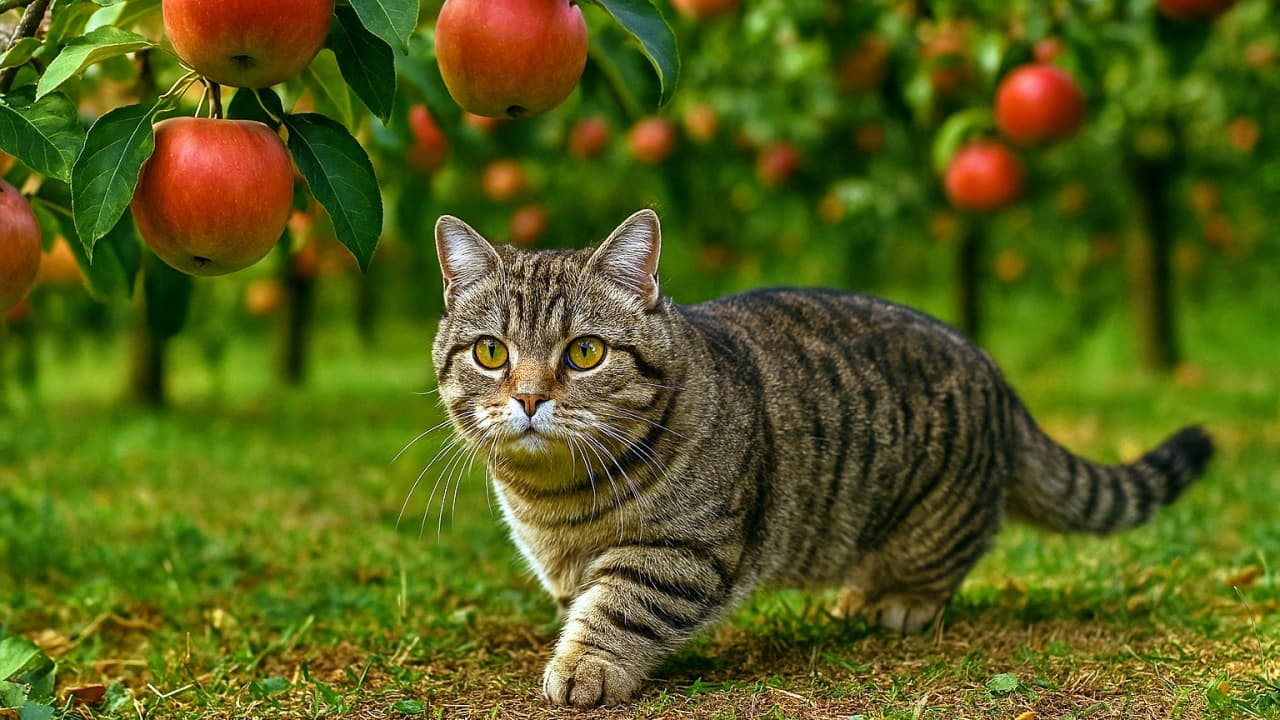 リンゴの木々の下を進むマンチカン。短い足で地面を踏みしめながら、赤いリンゴと緑の葉に囲まれた果樹園の奥へと歩いていく。夕方の光が毛並みを優しく照らす