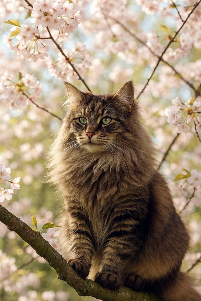 春の庭で、満開の桜の枝に優雅に座るノルウェージャンフォレストキャット。柔らかな日差しが淡いピンクの花びら越しに差し込み、長い毛並みと緑の瞳が輝く