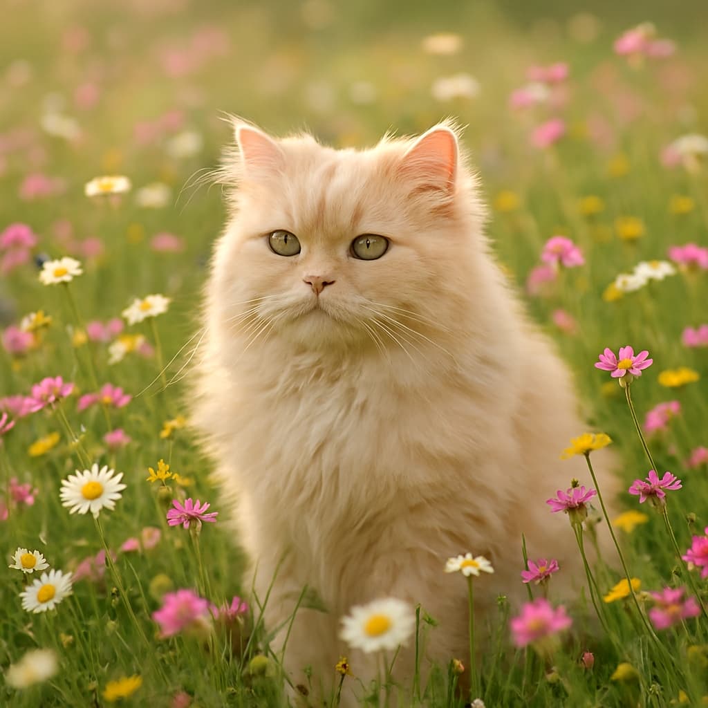 A light pink Persian cat with fluffy fur sits among blooming wildflowers in spring, bathed in soft golden light.｜春の野花に囲まれ、柔らかな黄金の光に包まれる淡いピンクのペルシャ猫
