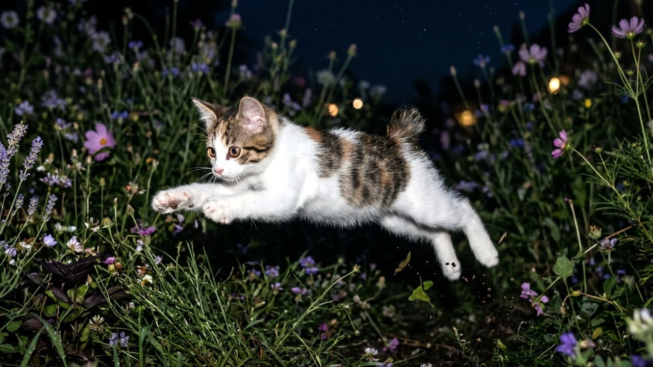 「夜のパトロールに出発ニャ！🐈💨 短いおしっぽを揺らして大ジャンプする姿は、立派なちびっ子ハンターです🌟 #子猫 #夜の散歩 #キジ白」Ultra-realistic high-quality landscape photograph of a 2-month-old tabby and white kitten with a short tail, jumping aggressively in a dark flower field at night. Captured with a flash photography style, highlighting its focused expression and dynamic motion. 夜の花畑（ラベンダーやコスモスなど）で、獲物に向かって鋭くジャンプする生後2ヶ月のキジ白（キジトラ白）の子猫。短いしっぽと真剣な眼差し、フラッシュ撮影のようなリアルな光の当たり方が特徴的な横長の高画質写真