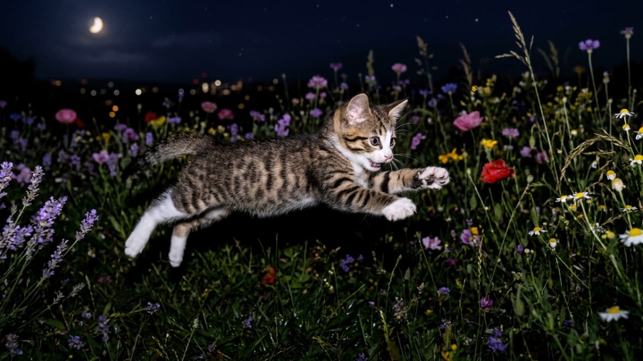 「月夜に舞うちびっ子ハンター見参！🌙✨ ガオーッとお口を開けてジャンプする姿に、思わずキュンとしちゃう😍💕 #子猫のジャンプ #月夜 #奇跡の一枚」Ultra-realistic high-quality landscape photograph of a 2-month-old tabby and white kitten leaping and pouncing in a colorful flower field at night under a crescent moon. The kitten has a fierce, wild expression with its mouth slightly open. City lights are softly blurred in the distant background. 三日月が浮かぶ夜空の下、色とりどりの花畑の上を獲物に飛びかかるように大きくジャンプする生後2ヶ月のキジ白の子猫。口を少し開けた野性味あふれる表情と、伸びやかなポーズが捉えられた横長の高画質写真。遠くには街の明かりがぼやけて見える