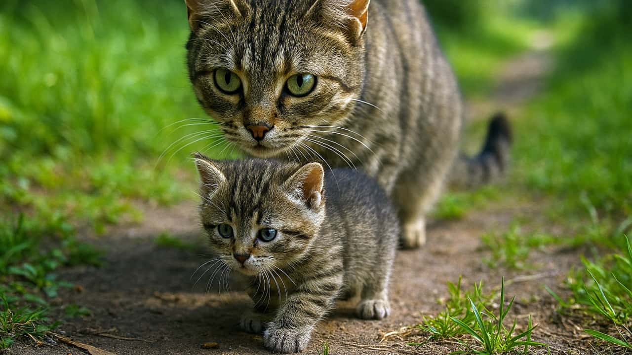 はじめて外に出た子猫が、母猫に見守られながら慎重に歩き出す様子。自然光の中で、親子の絆と冒険の始まりを描いたフォトリアルな猫の横長写真
