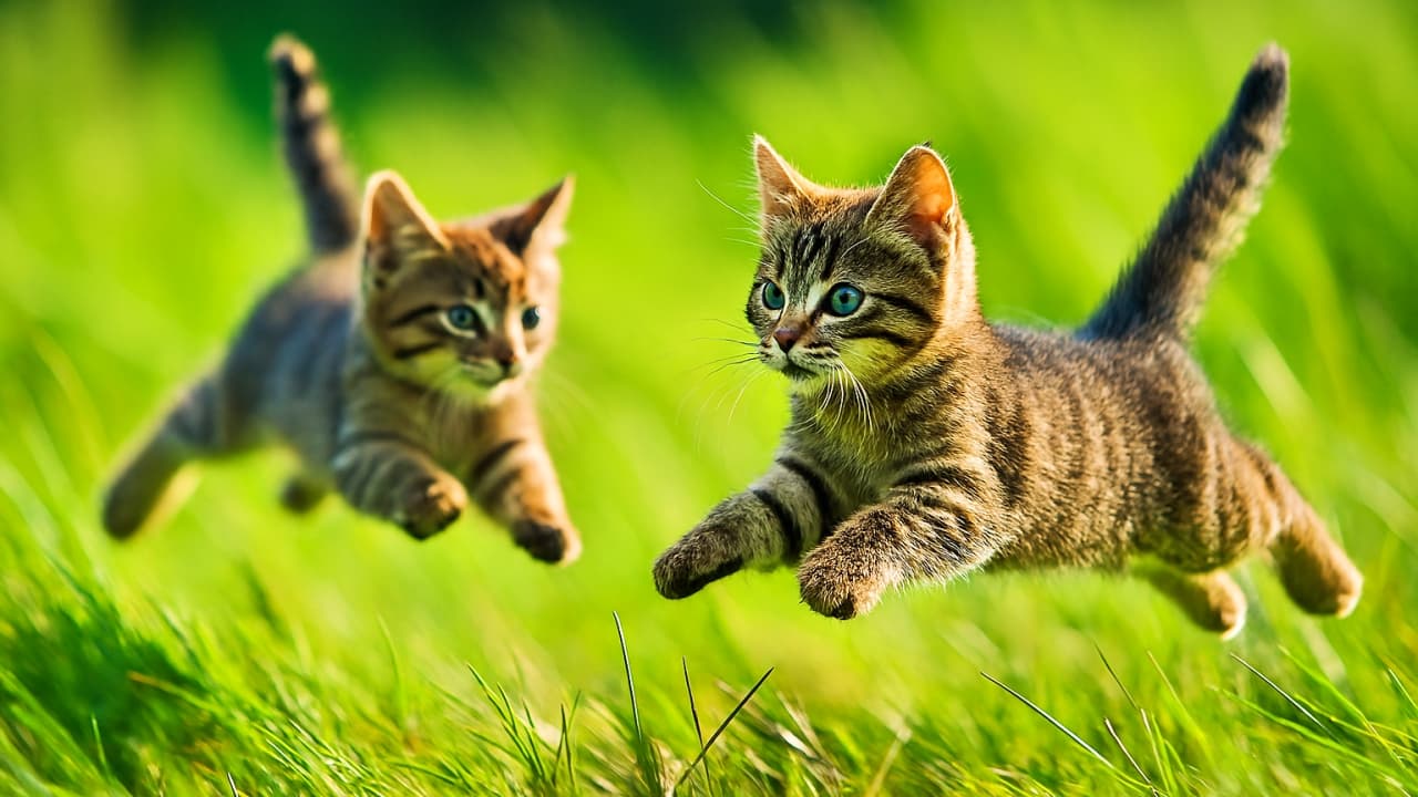 2匹の子猫が青々とした草原を駆け抜け、前景の子猫が宙に跳び上がる瞬間。背景はモーションブラーで動きが強調され、日差しが毛並みを照らしている