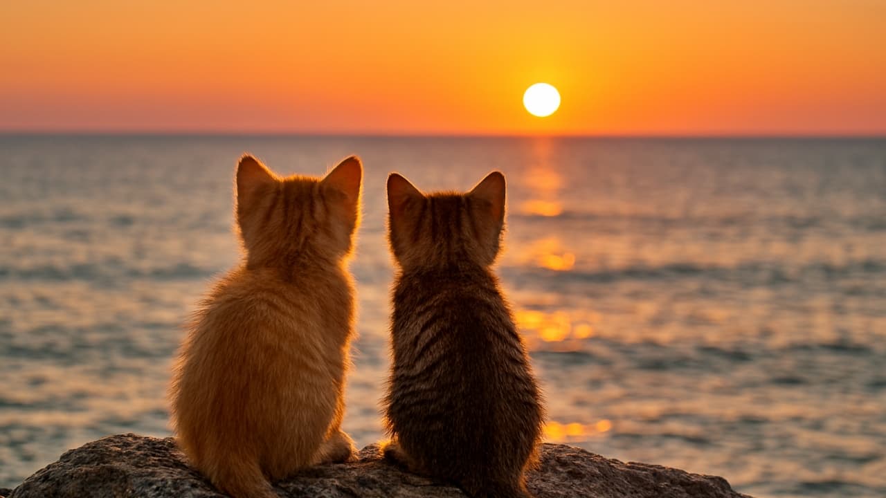 夕暮れの海を背景に、岩の上に並んで座る茶トラとキジトラの子猫。オレンジ色の夕陽と青い海の光が毛並みに反射し、自然光のグラデーションが柔らかく広がっている（アイキャッチ画像）