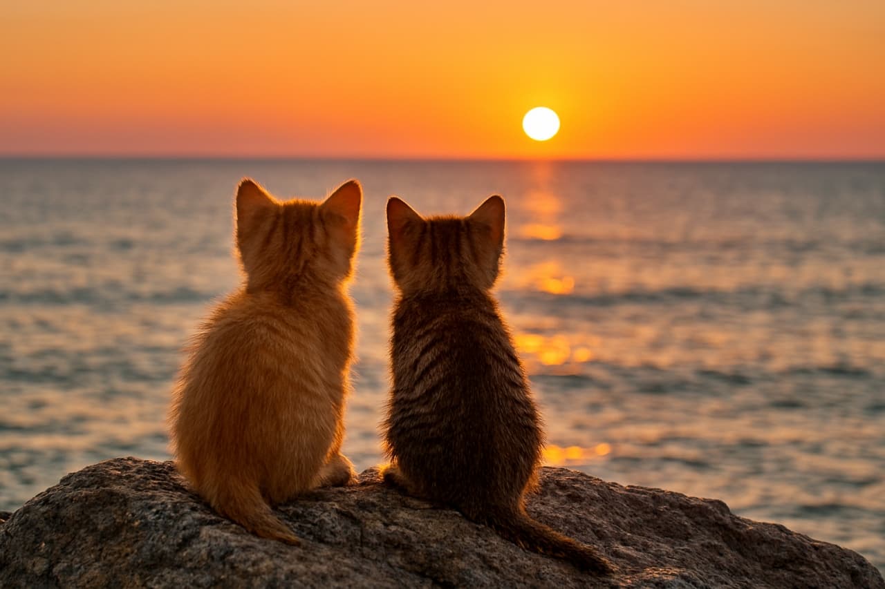 夕暮れの海を背景に、岩の上に並んで座る二匹の子猫。夕陽の光が毛並みに反射し、オレンジから青への自然なグラデーションが広がる。横長構図で、海と空の広がりが強調されている