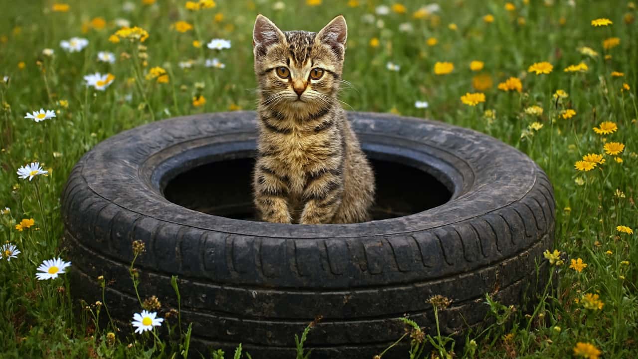 Photorealistic stray kitten sitting inside an old discarded tire in a wildflower field, symbolizing contrast between industrial decay and natural beauty