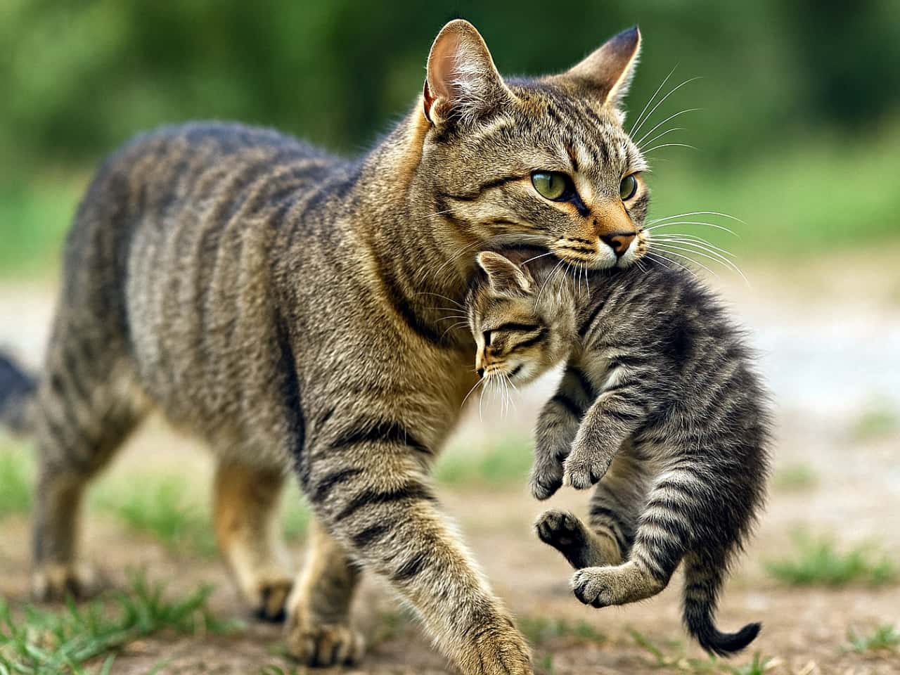 母猫が小さな子猫を首の後ろで優しくくわえて運んでいる。母猫は土の小道を歩いており、背景は緑の草がぼかされている。子猫は体を脱力させ、前足を少し曲げ、後ろ足を垂らしている