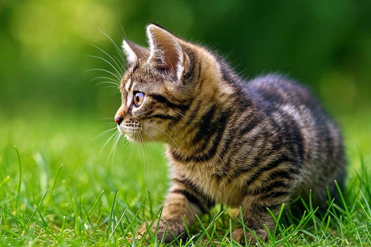 「左に何かいる…！？全集中モード発動中🐾🌿」A tabby kitten crouches in green grass, viewed from the side, with its head turned left in a focused pose. The image highlights the kitten’s striped fur, prominent whiskers, and alert expression against a softly blurred green background. 草むらで身をかがめたキジトラ子猫が、左を向いて何かに集中している。しま模様の毛並みと長いひげ、真剣な表情が際立ち、背景の緑は柔らかくぼけている