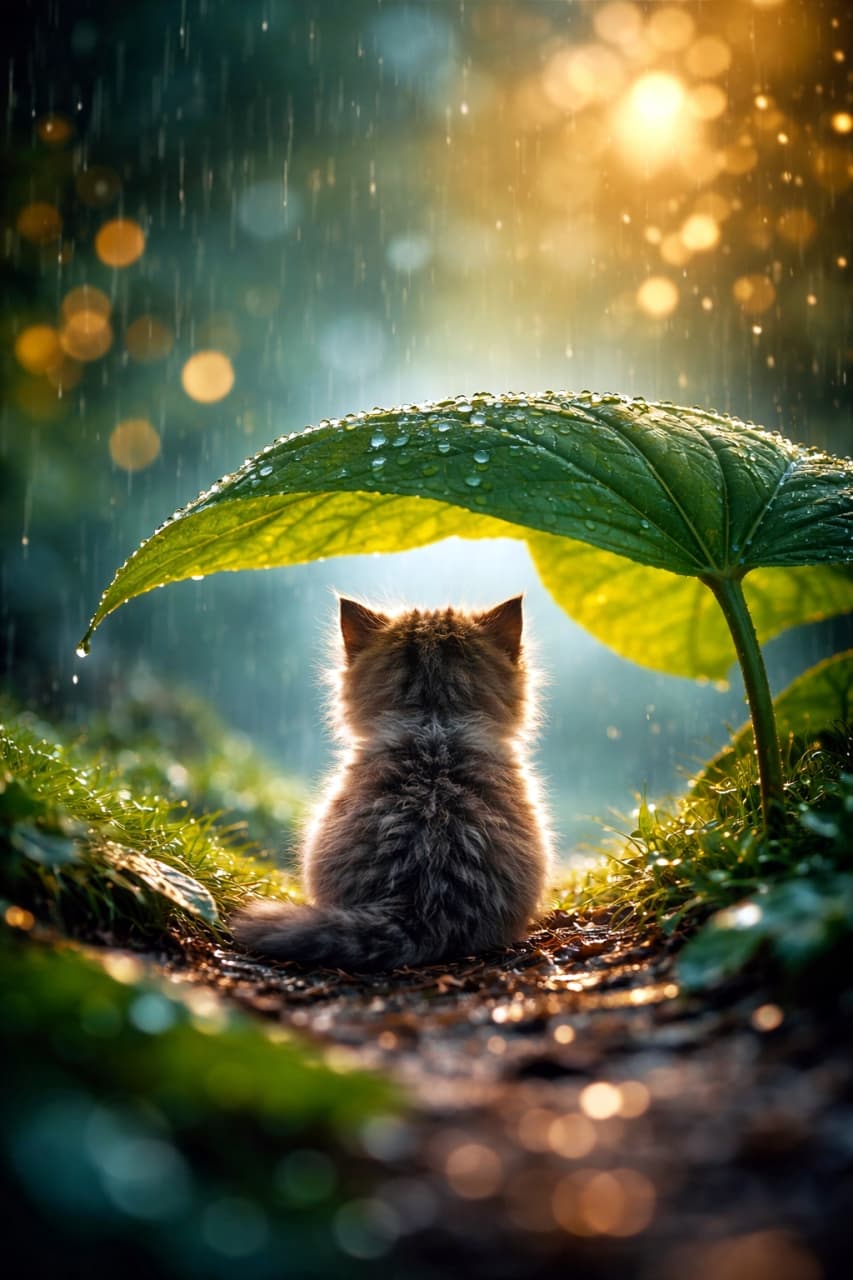 「大きな葉は、ちいさな子猫の特等席☂️雨音をBGMに、静かな時間が流れます」A tiny fluffy kitten seen from behind, sitting under a large green leaf, watching gentle rain fall in a softly lit, cinematic scene with bokeh background. 大きな緑の葉の下で、やさしく降る雨を眺めている後ろ姿の小さなふわふわ子猫。シネマティックな光とボケ背景