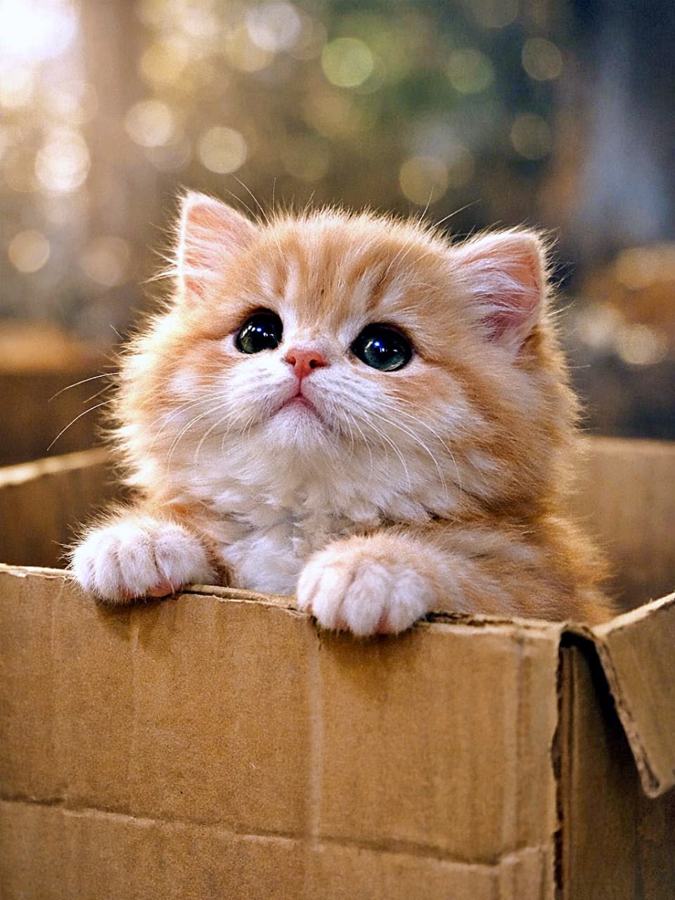 A chubby apricot Ragamuffin kitten peeking out of a cardboard box, resting its tiny paws on the edge, with wide sparkling eyes in soft morning light. 段ボール箱から顔を出し、前足を縁に乗せてこちらを見つめる、ふっくらしたアプリコット色のラガマフィンの子猫