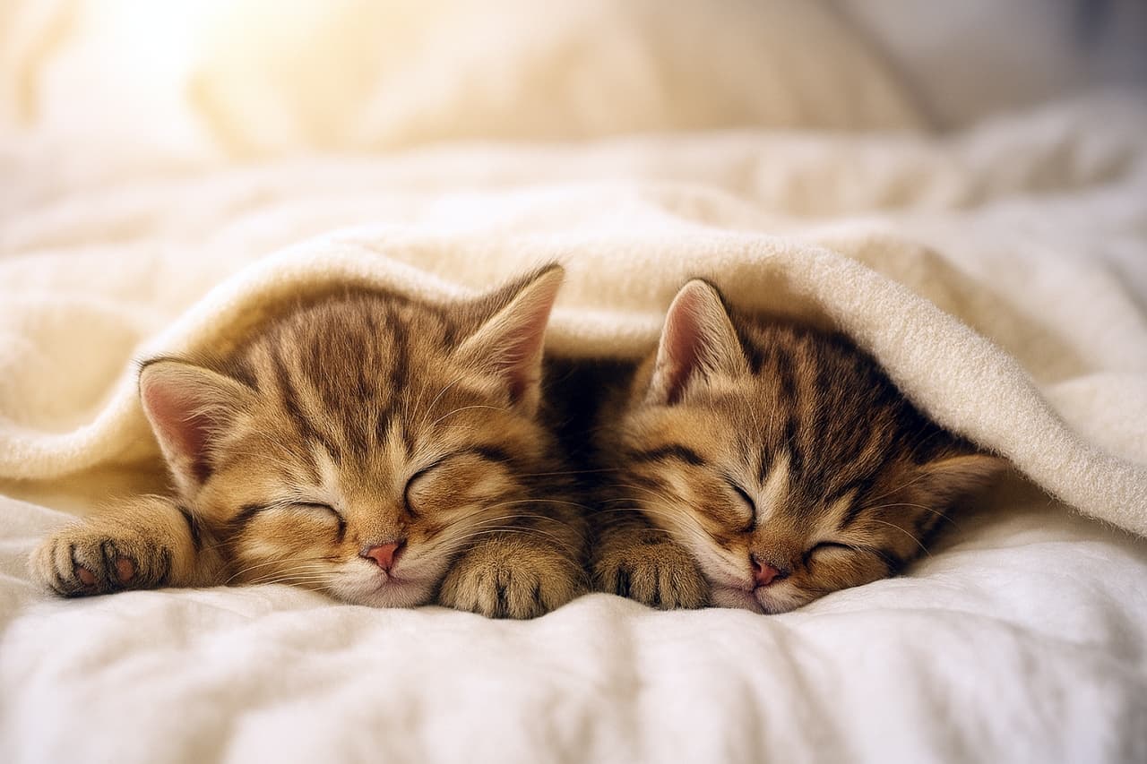 ふわふわのベッドで寄り添って眠る二匹の子猫。やわらかな毛並みとブランケットに包まれ、温かな光に照らされた癒しの光景