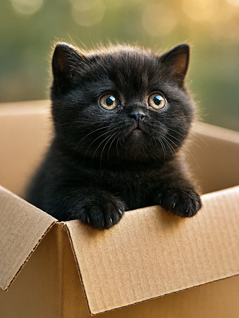 A chubby black Bombay kitten with large copper eyes looks slightly to the right from a cardboard box against a warm, soft bokeh background. 温かく柔らかなボケを背景に、銅色の大きな目をした黒猫のボンベイの子猫が、段ボール箱から顔を出し、少し右方向を見ている