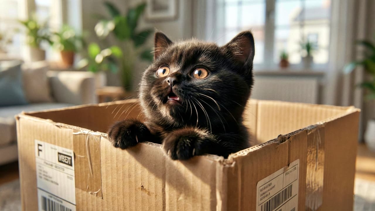 「「わぁ、あれは何だ？」お口あんぐり、好奇心全開の黒猫ちゃん」A fluffy black Bombay kitten with an open mouth looks up to the left from a cardboard box in a sunlit living room with bokeh plants. 明るい日差しのリビングで、黒猫のボンベイの子猫が段ボール箱から顔を出し、口を開けて驚いたように左上を見上げている
