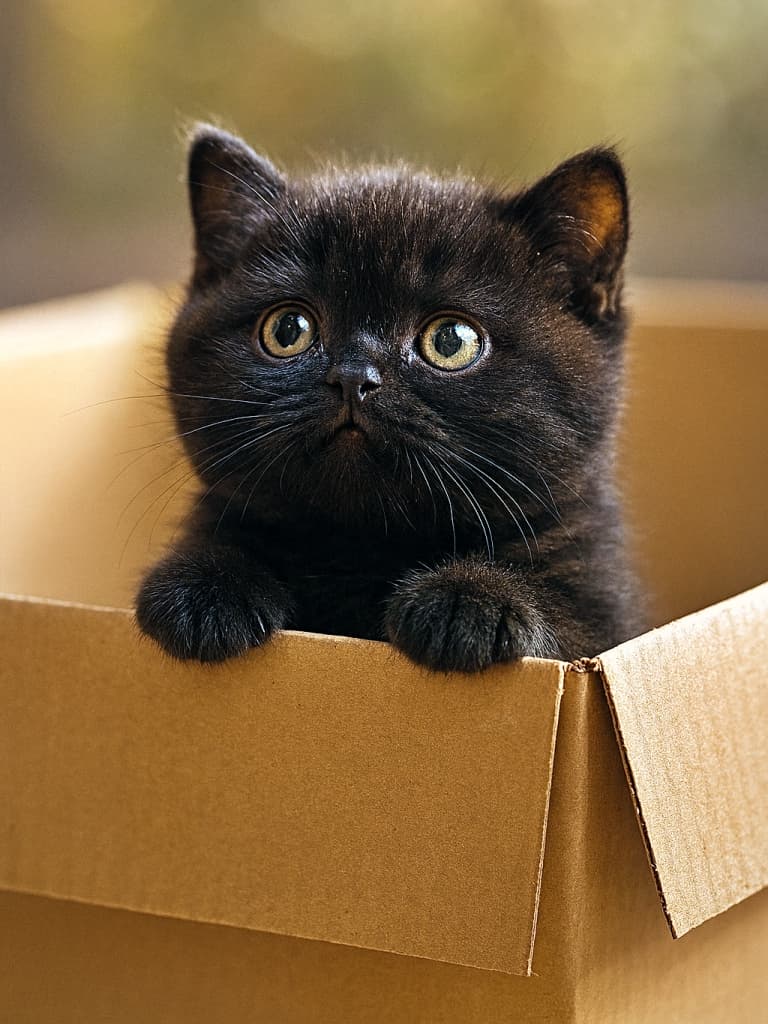 A chubby black Bombay kitten with wide, innocent copper eyes looks straight ahead from a cardboard box against a warm, soft bokeh background. 温かく柔らかなボケを背景に、無垢な銅色の大きな瞳をした黒猫のボンベイの子猫が、段ボール箱から真っ直ぐ前を見つめている