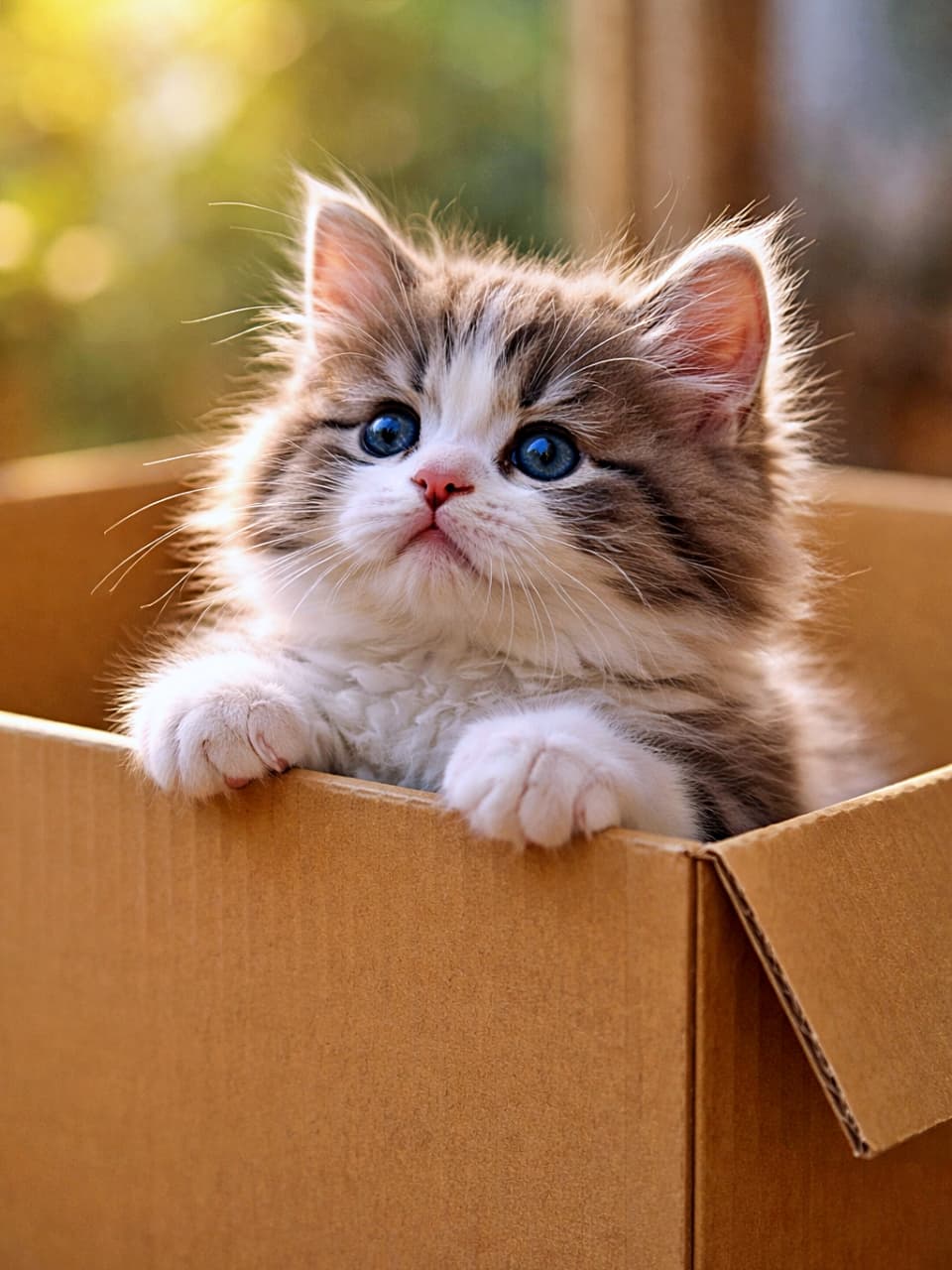 A chubby blue bicolor Maine Coon kitten peeking out of a large cardboard box, resting its tiny paws on the edge, with wide sparkling eyes in soft morning light. 大きな段ボール箱から顔を出し、前足を縁にかけて外をのぞく、好奇心いっぱいのブルーバイカラーのメインクーン子猫