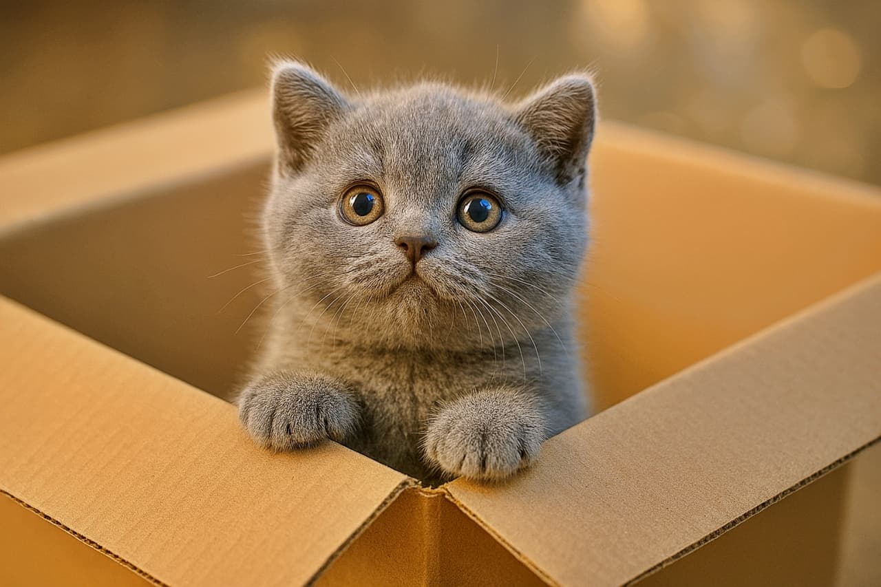 「箱からじーっ。吸い込まれそうな瞳のグレー猫ちゃん、何を発見したのかな？」A chubby blue British Shorthair kitten with round copper eyes looks straight ahead from inside a cardboard box, against a warm bokeh background. 温かみのあるボケた背景の中、ブルーグレーのブリティッシュショートヘアの子猫が、まん丸の銅色の目で段ボール箱から真っ直ぐこちらを見ている