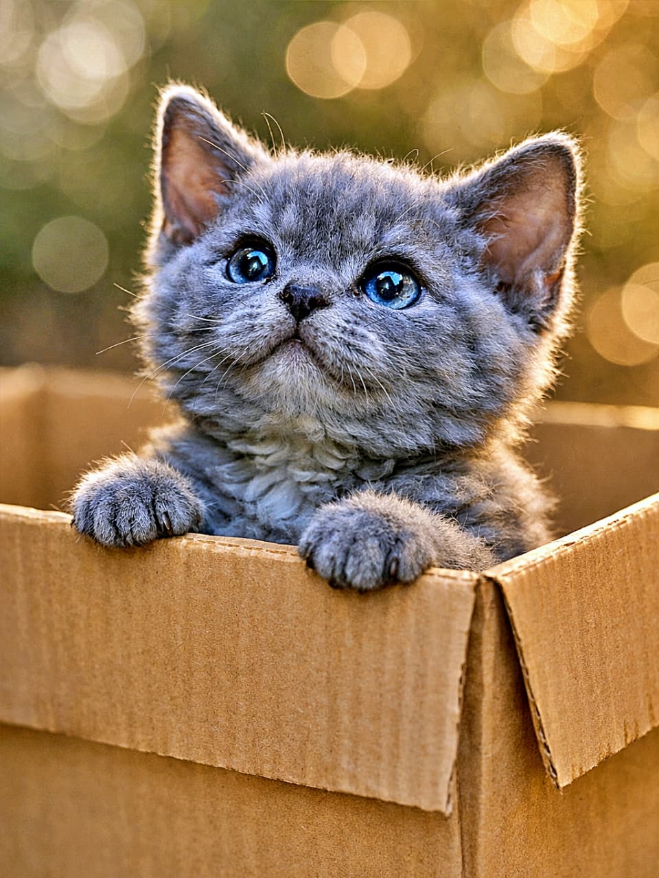 A chubby blue smoke Devon Rex kitten peeking out of a large cardboard box, resting its tiny paws on the edge, with wide sparkling eyes in soft morning light. 大きな段ボール箱からひょっこり顔を出す、青みがかった毛色のデボンレックスの子猫。前足を縁に乗せ、朝の柔らかな光の中で好奇心いっぱいの瞳を輝かせている