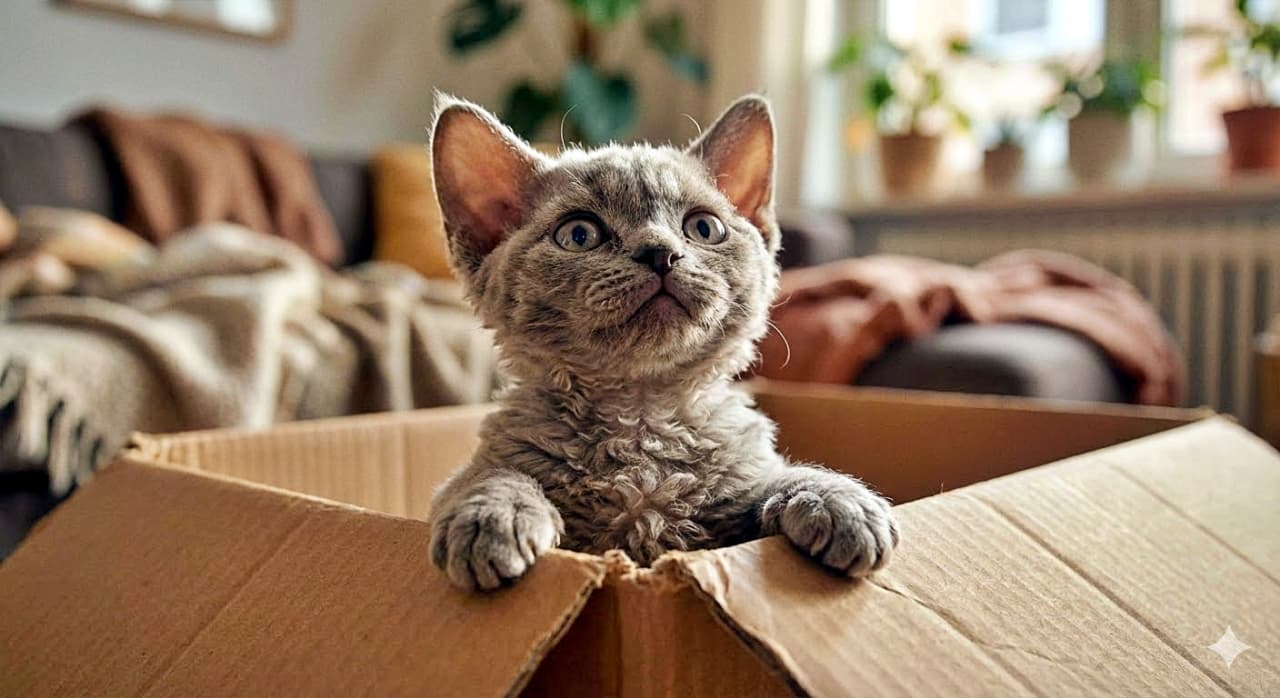 「箱からひょっこり！くるくる巻き毛が可愛いデボンレックスの子猫。好奇心いっぱいな瞳で冒険だニャ！」A chubby Blue Smoke Devon Rex kitten with curly grey fur and large eyes peeks out of a cardboard box, looking upwards with curiosity in a sunlit living room. 明るい日差しが差し込むリビングルームで、くるくるした灰色の巻き毛を持つぽっちゃりしたブルースモークのデボンレックス子猫が、段ボール箱から顔を出し、好奇心に満ちた様子で見上げている