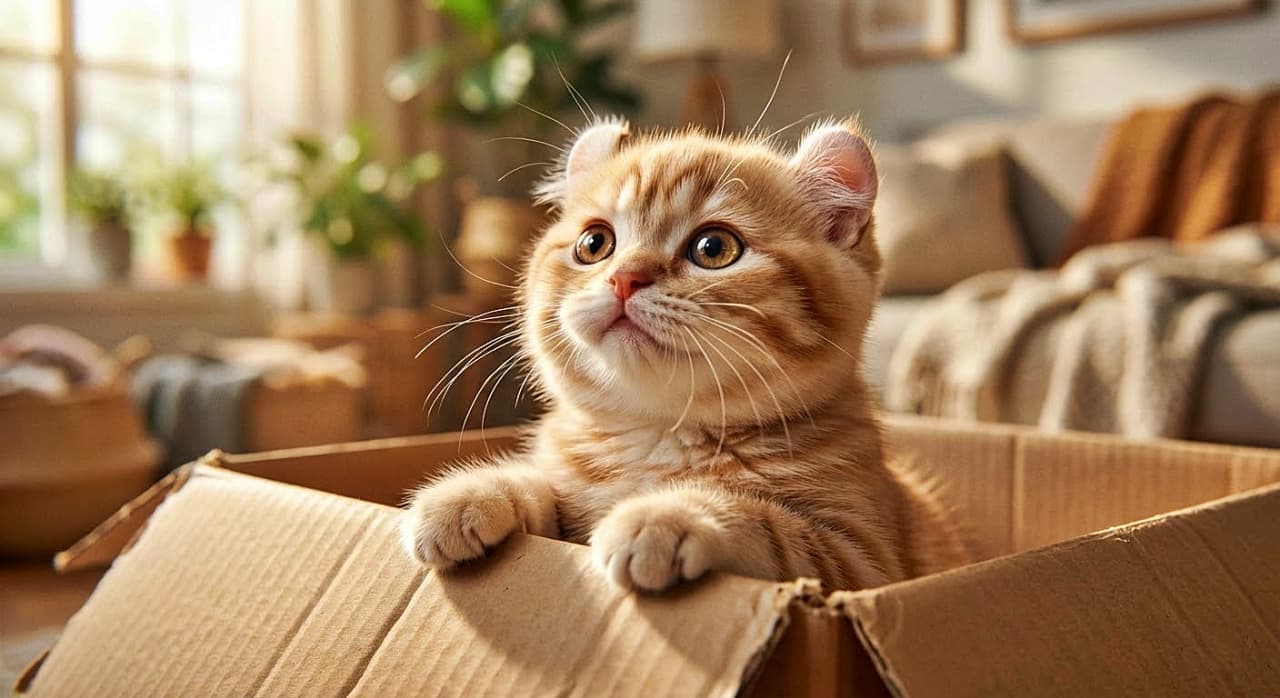 「耳くるん！カメオカラーが可愛いアメリカンカールちゃん。箱から何を見てるのかな？」A chubby Cameo Tabby American Curl kitten with curled ears and amber eyes peeks out of a cardboard box, looking upwards with curiosity in a sunlit living room with a warm bokeh background. 明るい日差しが差し込むリビングルームで、くるんと反り返った耳と琥珀色の瞳を持つ、ぽっちゃりしたカメオタビーのアメリカンカール子猫が段ボール箱から顔を出し、好奇心に満ちた様子で見上げている