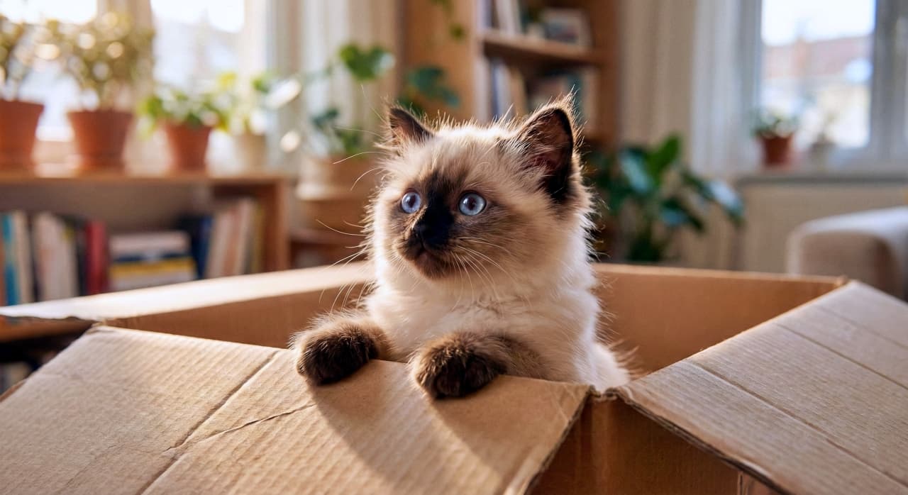 「箱からひょっこり！お目々キラキラ、お外の世界に興味津々なバーマンの子猫ちゃん」A fluffy Chocolate Point Birman kitten with blue eyes paws at the edge of a cardboard box, looking upwards to the left in a sunlit living room with a bookshelf. 明るい日差しが差し込むリビングルームで、青い目をしたチョコレートポイントのバーマン子猫が段ボール箱の縁に前足をかけ、左上を見上げている。背景には本棚が見える