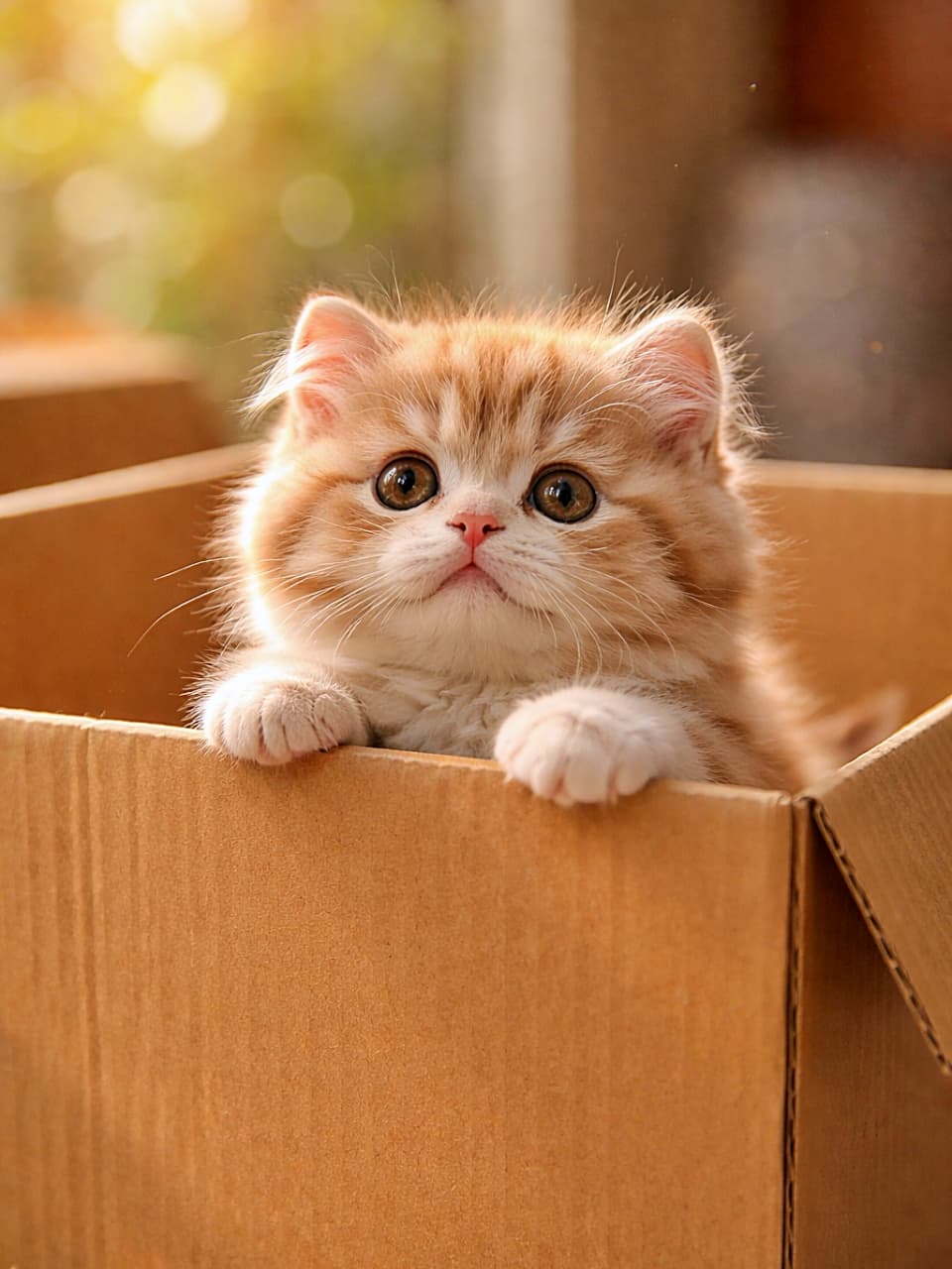 「段ボールの世界から、そっとこんにちは。勇気と好奇心がもふもふで溢れてる朝🐾」A chubby Cameo Tabby American Curl kitten peeking out of a cardboard box, resting its tiny paws on the edge, with wide sparkling eyes in soft morning light. 段ボール箱の縁に小さな前足をかけ、好奇心いっぱいの瞳で覗き込むカメオタビーのアメリカンカールの子猫。やわらかな朝の光に包まれている