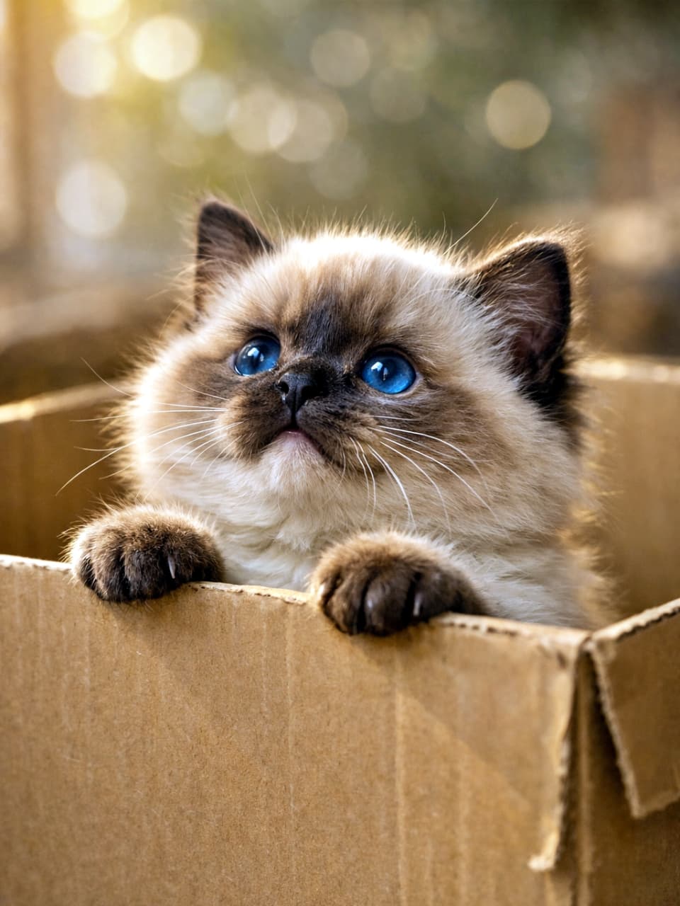 A chubby Chocolate Point Birman kitten peeking out of a cardboard box, resting its tiny paws on the edge, with wide blue eyes glowing in soft morning light. 段ボール箱の中から顔を出し、縁に小さな前足を乗せてこちらを見上げる、ふっくらしたチョコレートポイントのバーマン子猫