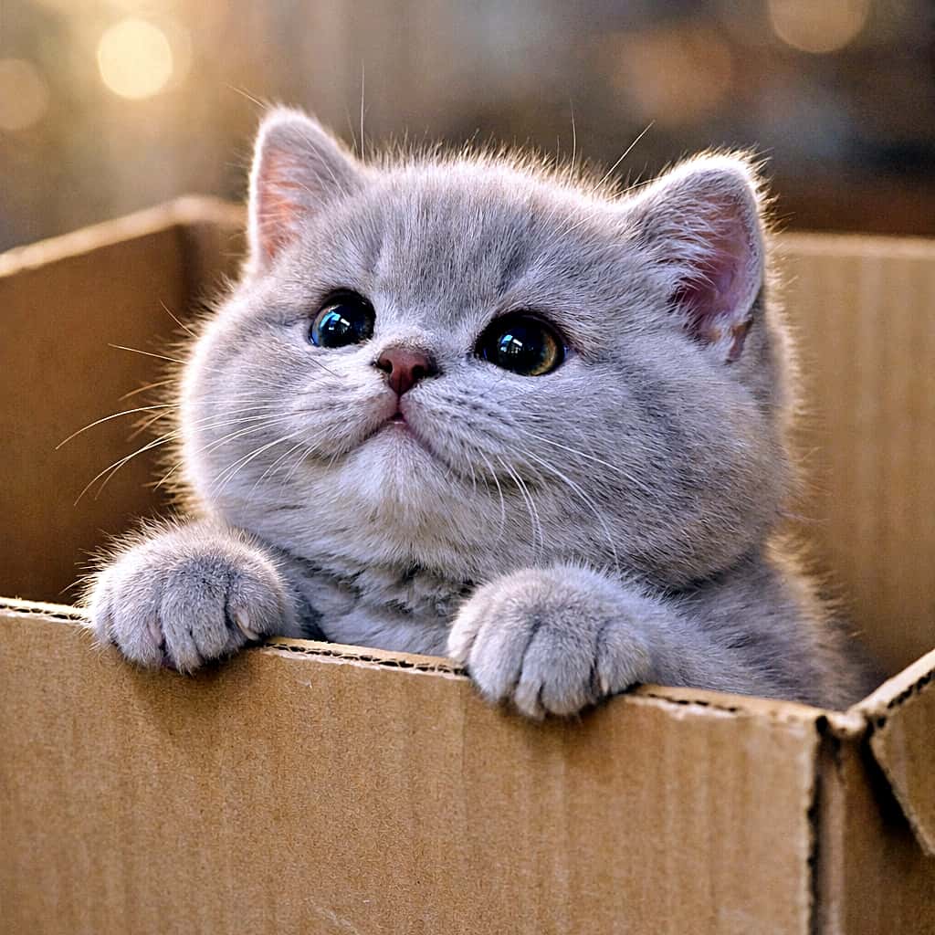 A chubby lilac British Shorthair kitten peeking out of a cardboard box with tiny paws on the edge, wide curious eyes, soft morning light, shallow depth of field. 段ボール箱から顔をのぞかせる、ぽっちゃりしたライラックカラーのブリティッシュショートヘアの子猫。前足を縁に乗せ、好奇心いっぱいの表情
