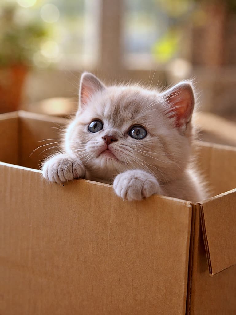 A chubby Platinum Mink Tonkinese kitten peeking out from a large cardboard box, resting its tiny paws on the edge, with wide curious eyes in soft morning light. 大きな段ボール箱の中から、前足を縁にかけて顔をのぞかせる、好奇心いっぱいのプラチナミンク・トンキニーズの子猫
