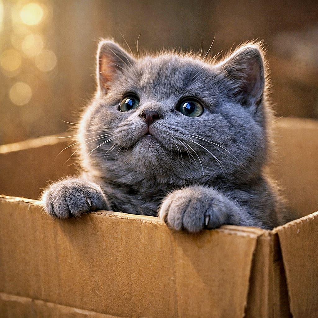 A chubby Russian Blue kitten peeking out of a large cardboard box, resting its tiny paws on the edge, with wide sparkling eyes in soft morning light. 大きな段ボール箱から小さな前足をかけて顔を出す、好奇心いっぱいのロシアンブルーの子猫