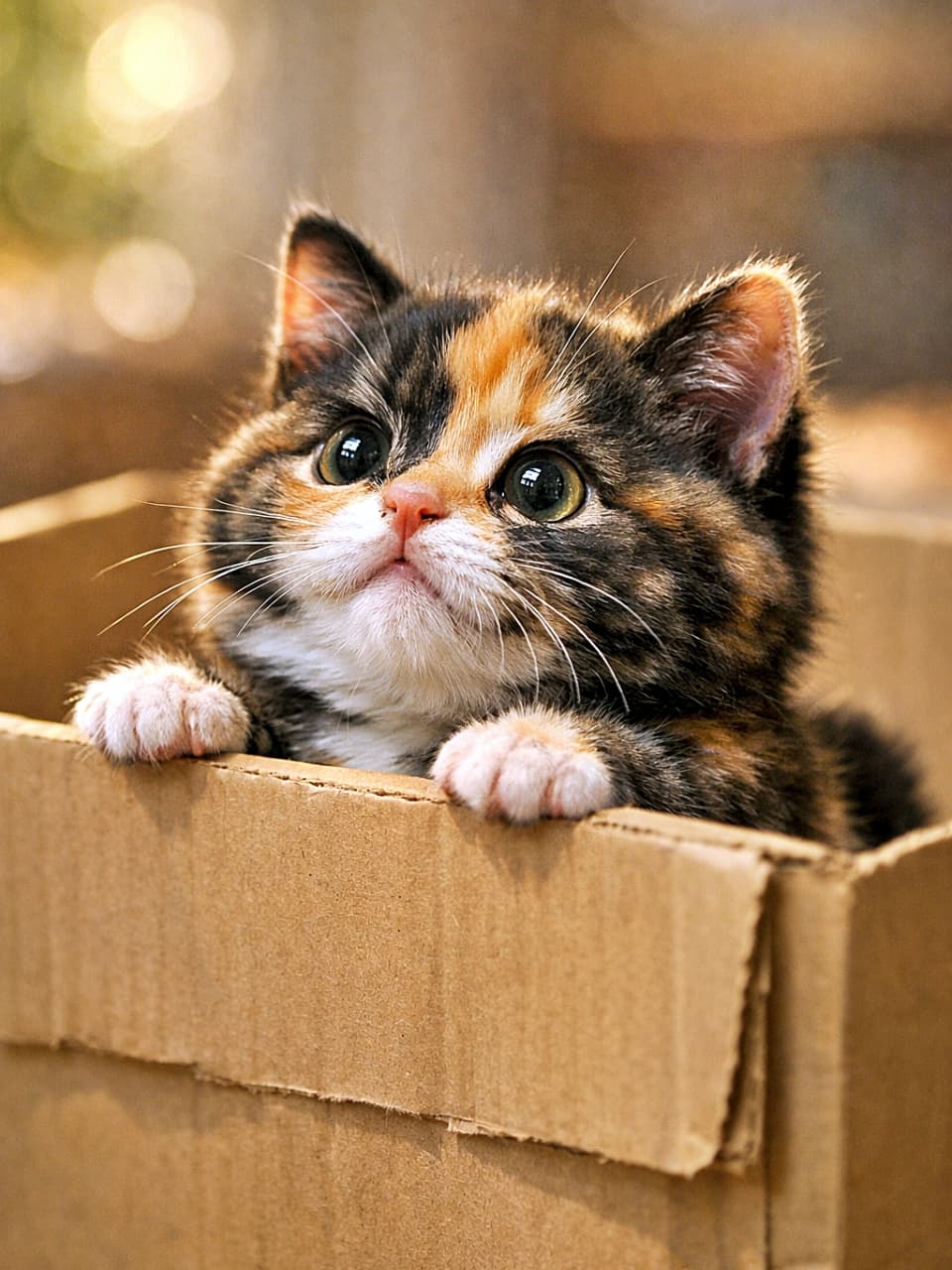 A chubby tortoiseshell Japanese Bobtail kitten peeking out of a cardboard box, resting its tiny paws on the edge, eyes wide with curiosity in soft morning light. 段ボール箱の中から顔を出し、前足を縁に乗せて好奇心いっぱいの目で見上げる、ふっくらしたサビ柄の日本猫ボブテイルの子猫