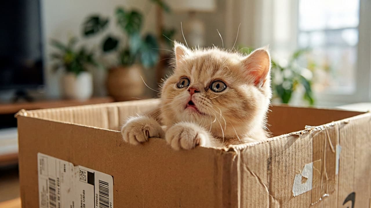 「「わぁ、あれは何だ？」お口あんぐり、好奇心が止まらないクリーム色の猫ちゃん」A fluffy cream Exotic Shorthair kitten with an open mouth looks up to the left from a cardboard box in a bright sunlit living room. 明るい日差しのリビングで、クリーム色のエキゾチックショートヘアの子猫が段ボール箱の縁に手をかけ、口を開けて驚いたように左上を見上げている