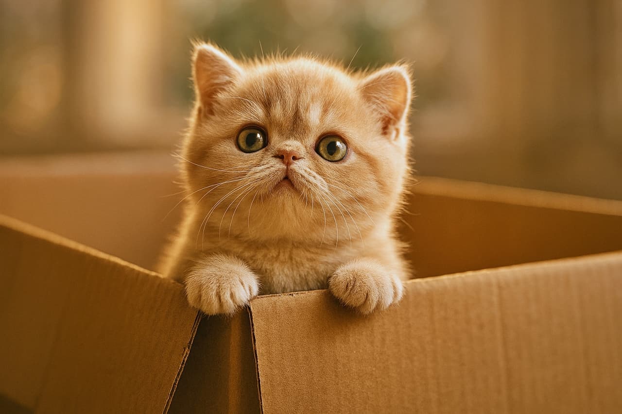 「じーっ。まん丸お目目で箱から熱視線。「ねえ、ボクと遊んでくれるよね？」」A chubby cream Exotic Shorthair kitten with large round eyes looks straight ahead from a cardboard box against a warm, dark bokeh background. 温かみのあるボケた背景の中、クリーム色のエキゾチックショートヘアの子猫が、大きな丸い目で段ボール箱から顔を出し、真剣な表情でこちらを見つめている