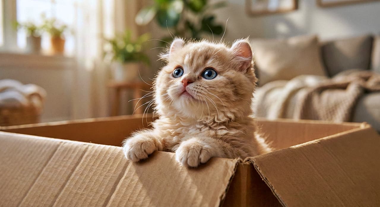 「朝の光の中で何を見つけたの？☀️ カールしたお耳がチャームポイント、好奇心旺盛な冒険家✨📦」A chubby Cream Kinkalow kitten with curled ears looking up to the left from inside a cardboard box. Soft morning sunlight illuminates its fluffy fur and curious, determined expression. ダンボール箱の中から前足を出し、画面左上の方向をじっと見つめる、クリーム色のキンカローの子猫。カールした耳とふわふわの毛並みが朝日に照らされ、好奇心に満ちた凛とした表情をしている