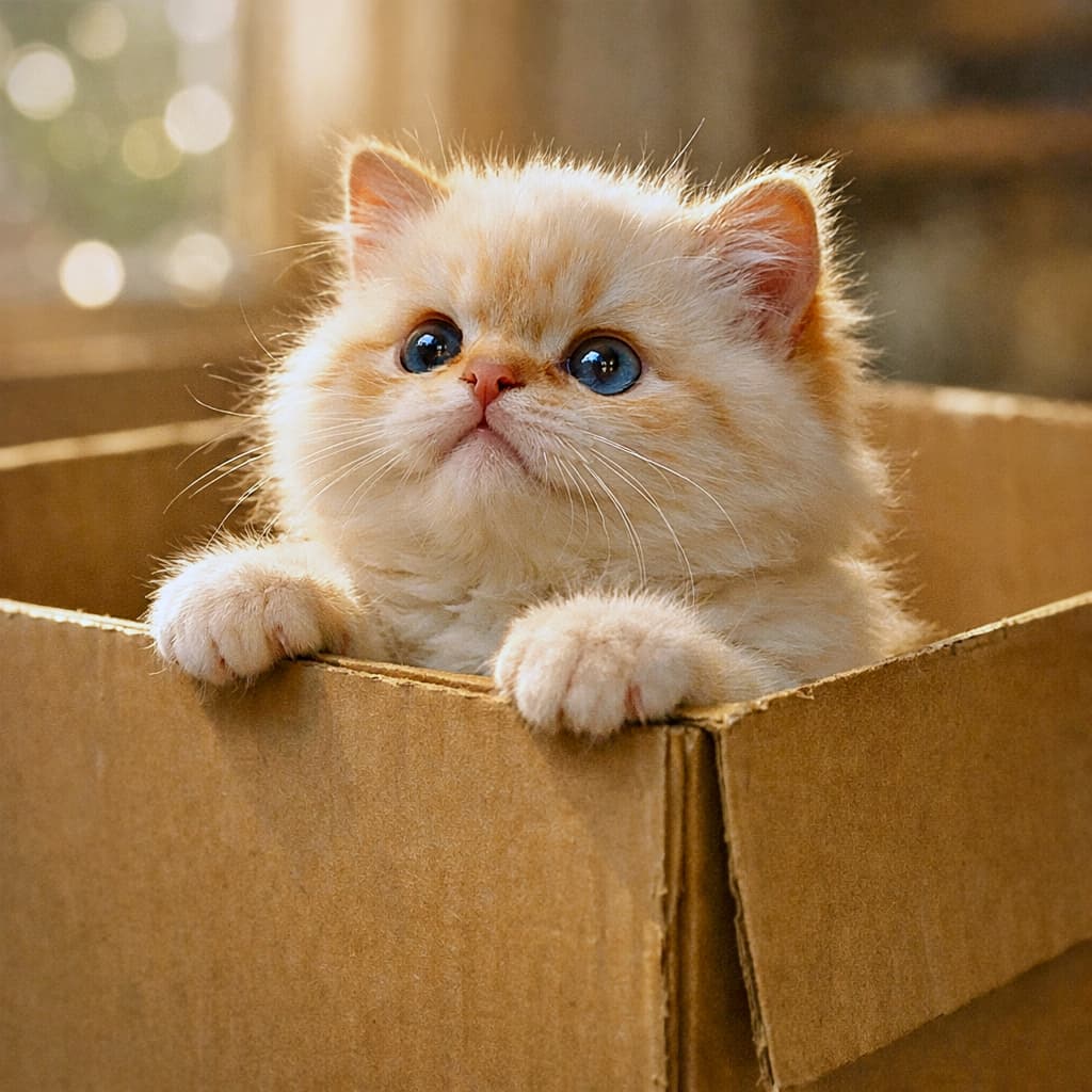 A chubby Flame Point Himalayan kitten peeking out from a large cardboard box, resting its tiny paws on the edge with wide, curious blue eyes in soft morning light. 大きな段ボール箱の中から、前足を縁に乗せて顔を出す、好奇心いっぱいのフレームポイント・ヒマラヤンの子猫