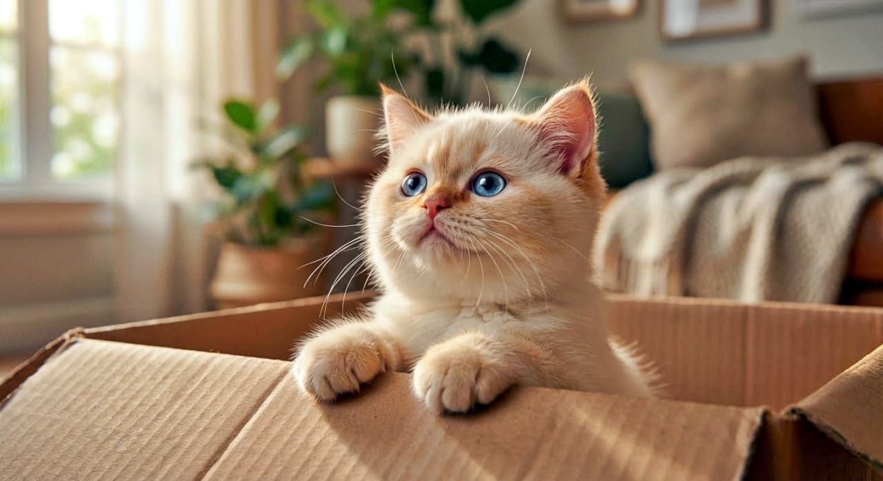 「箱からひょっこり！お目々キラキラ、お外の世界に興味津々なフレイムポイントの子猫ちゃん」A chubby Flame Point Himalayan kitten with wide blue eyes peeks out of a cardboard box, looking upwards with a curious expression in a sunlit living room. 明るい日差しが差し込むリビングルームで、青い目をしたフレイムポイントのヒマラヤン子猫が、段ボール箱から顔を出し、好奇心に満ちた表情で見上げている