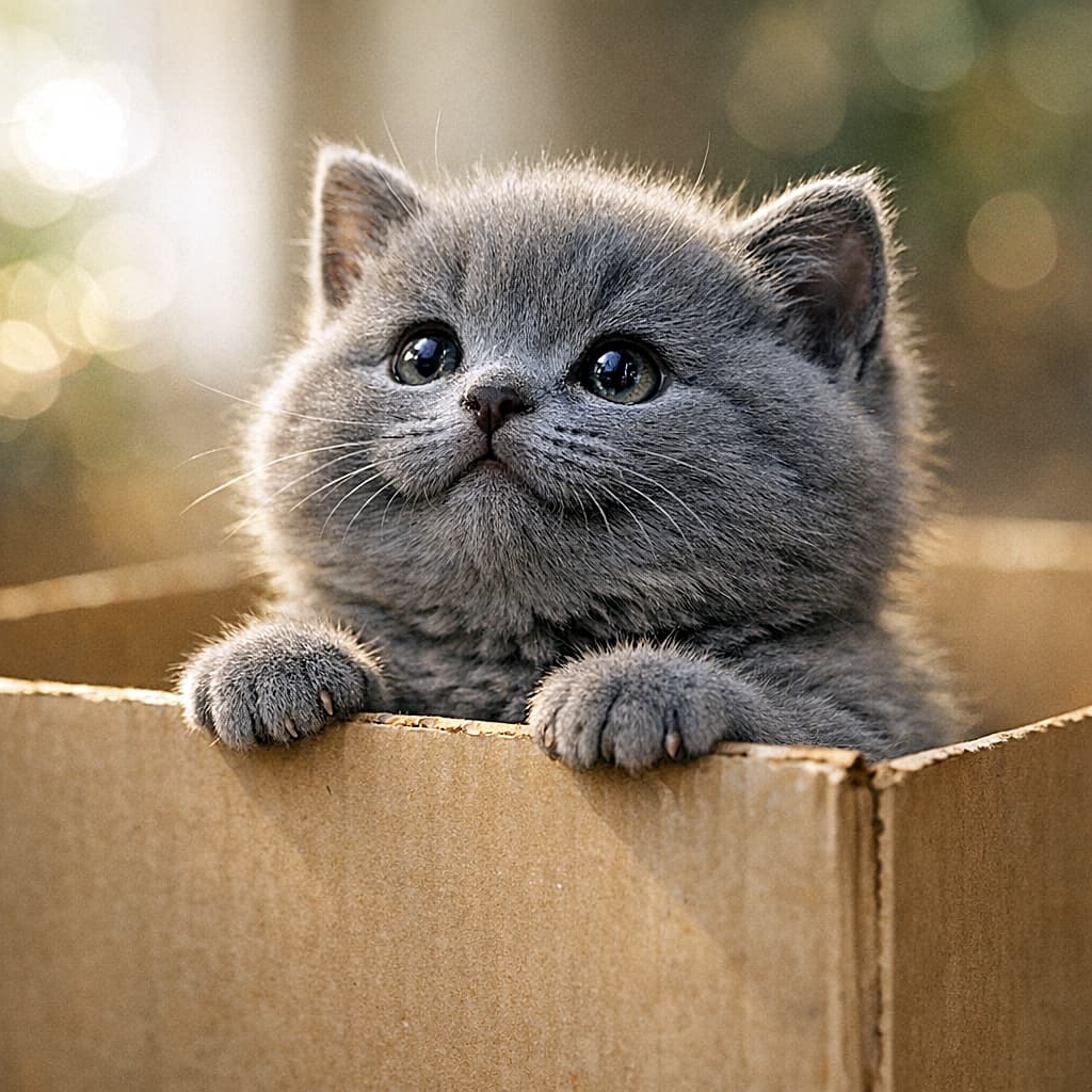 Close-up of an adorable gray kitten peeking out of a box, looking upward with large, sparkling dark eyes. The background is filled with golden bokeh lights, highlighting the kitten's fluffy texture in a cinematic style. 金色の玉ボケが輝く背景の中で、ダンボール箱から顔を出し、大きな潤んだ瞳で上を見上げるグレーの子猫。逆光で毛先が輝き、映画のワンシーンのように幻想的で愛らしい表情