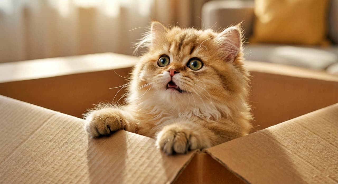 「「えっ、あれ何！？」お口あんぐり、金色の毛並みがキラキラな猫ちゃん」A fluffy Golden Chinchilla Persian kitten with an open mouth looks up from a cardboard box in a sunlit living room with bokeh furniture. 明るい日差しが差し込むリビングルームで、ふわふわのゴールデンチンチラペルシャの子猫が段ボール箱から顔を出し、口を開けて驚いたように見上げている