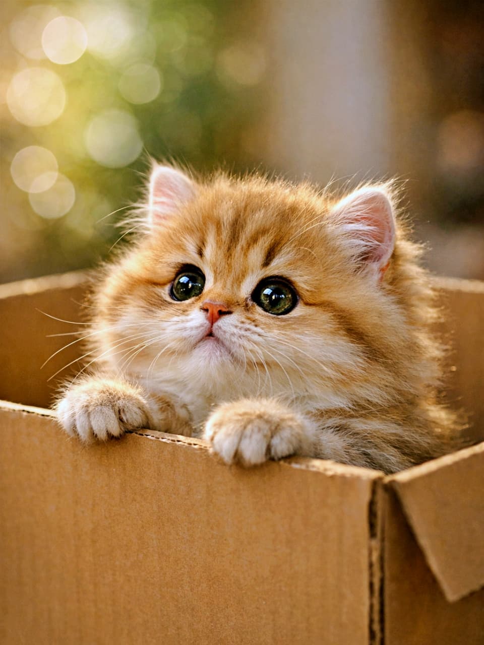 A chubby Golden Chinchilla Persian kitten peeking out of a cardboard box, resting its tiny paws on the edge with wide, sparkling eyes in soft morning light. 段ボール箱の中から小さな前足をかけて顔をのぞかせる、丸くてふわふわなゴールデンチンチラ・ペルシャの子猫。好奇心いっぱいの表情