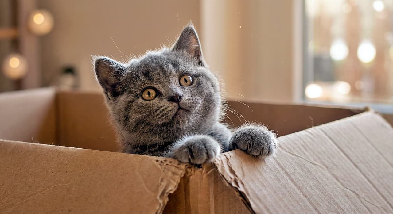 「あれは何ニャ？📦 箱の中からキョロキョロ探索中👀 グレーの毛並みが上品なちびっこ冒険家✨」A chubby solid gray Chartreux kitten inside a cardboard box, resting its paws on the edge and looking curiously up to the left. The kitten has amber eyes and soft fur, set against a blurred living room background. ダンボール箱の縁に前足をかけ、不思議そうな顔で左上を見つめる、ぽっちゃりしたグレーのシャルトリュー子猫。アンバー色の瞳とふわふわの毛並みで、部屋の自然光の中にいる