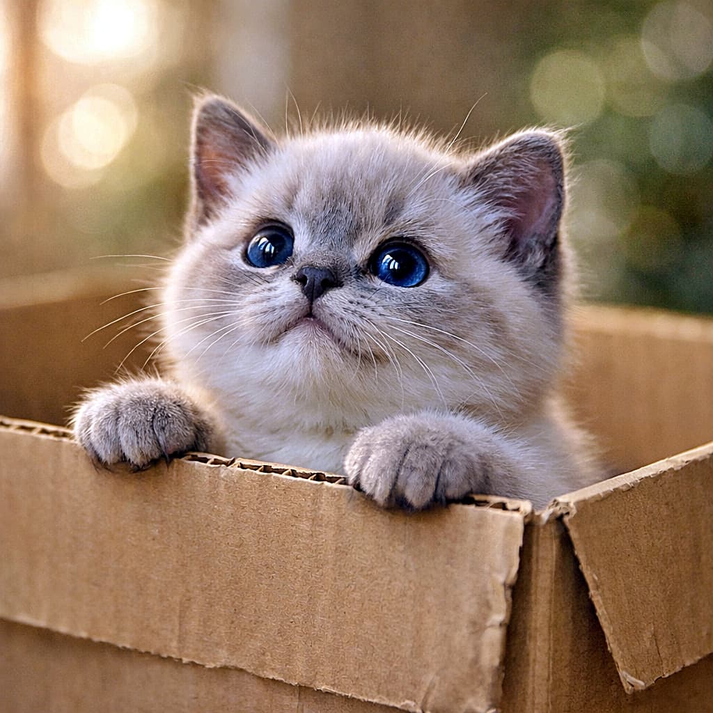 A chubby lavender point Siamese kitten peeking out of a cardboard box, tiny paws on the edge, wide curious blue eyes in soft morning light 段ボール箱からひょっこり顔を出す、ラベンダーポイントのシャム子猫。小さな前足を縁に乗せ、好奇心いっぱいの瞳が輝いている
