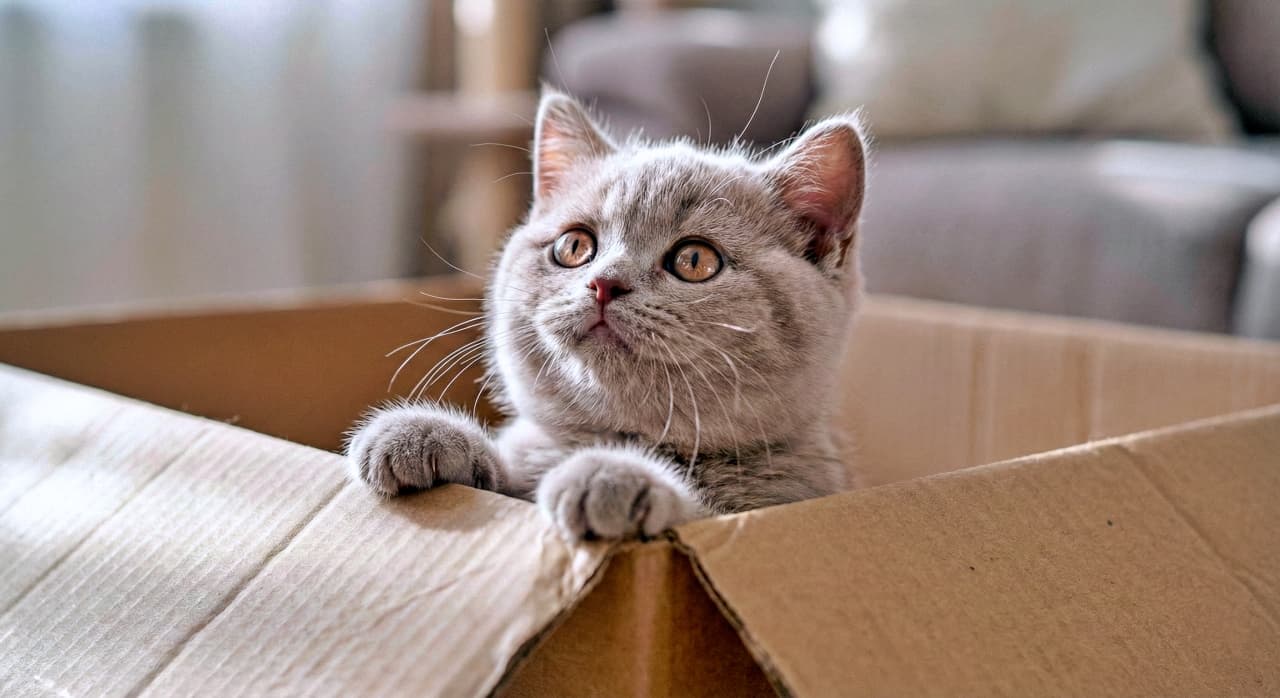 「箱からひょっこり！淡いライラック色が素敵なブリティッシュちゃん。お目々キラキラ、冒険だニャ！」A chubby Lilac British Shorthair kitten with wide amber eyes paws at the edge of a cardboard box, looking upwards in a soft-lit living room with a sofa background. 柔らかな光が差し込むリビングで、琥珀色の目をしたぽっちゃりしたライラック色のブリティッシュショートヘアの子猫が、段ボール箱の縁に前足をかけ、好奇心いっぱいに見上げている