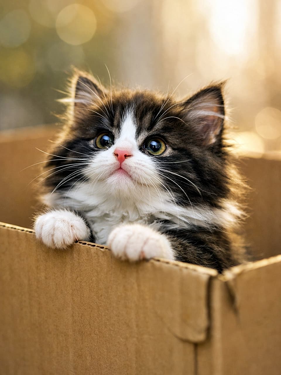 A chubby Norwegian Forest kitten with a tuxedo pattern peeking out of a cardboard box, resting its tiny paws on the edge, eyes wide with innocent curiosity in soft morning light. 段ボール箱の縁に小さな前足をかけ、好奇心いっぱいの瞳で外をのぞく、ふっくらしたタキシード柄のノルウェージャンフォレスト子猫