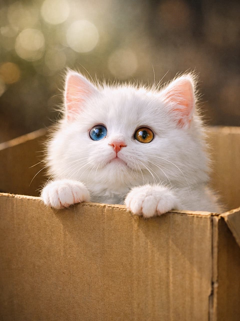 A chubby odd-eyed white Turkish Angora kitten peeking out of a cardboard box, resting its tiny paws on the edge, bathed in soft morning light with a blurred bokeh background. 段ボール箱からひょっこり顔を出す、オッドアイの白いターキッシュアンゴラの子猫。小さな前足を縁に乗せ、朝の柔らかな光に包まれている