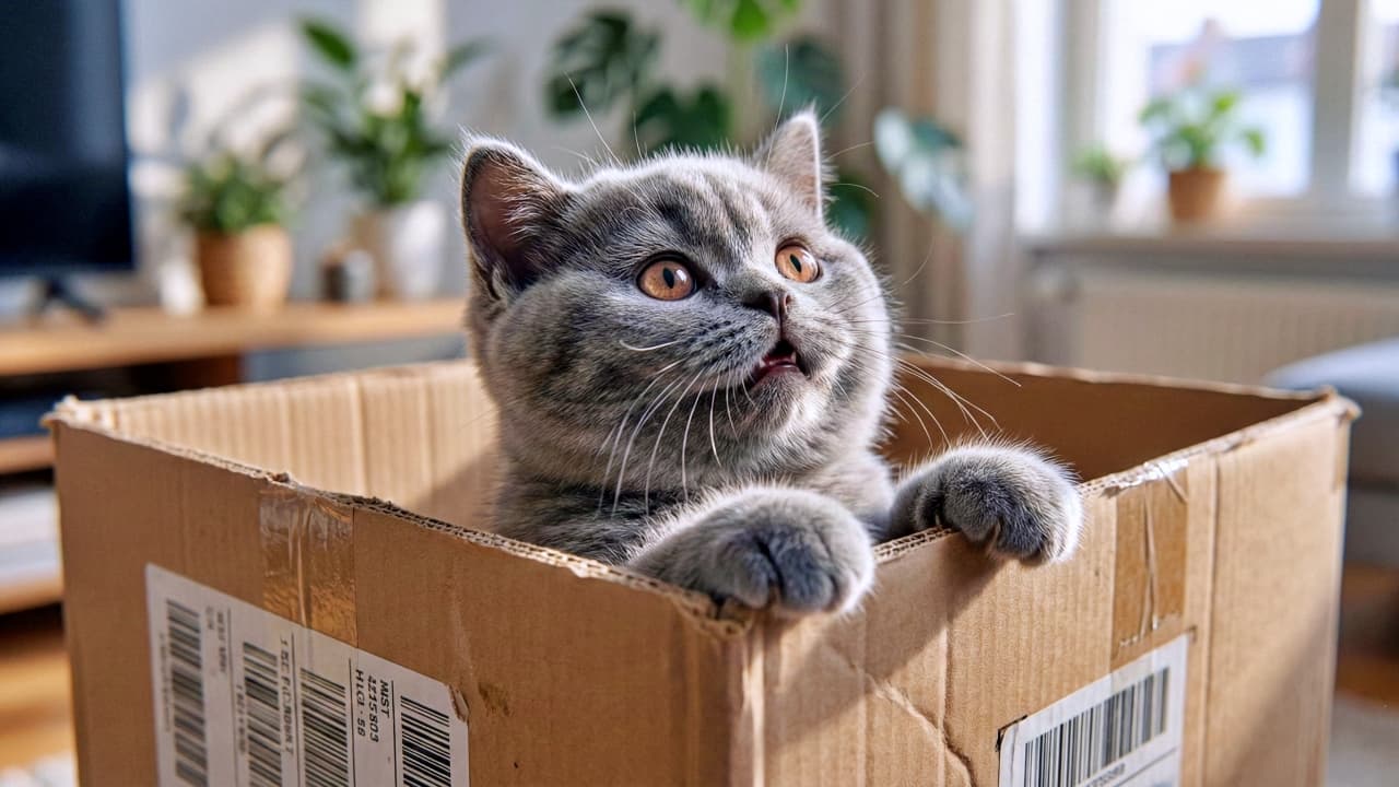 「「この箱はボクのだぞ？」淡いグレーの毛並みがキラキラ、冒険の始まり！」A chubby pale blue British Shorthair kitten with large dark eyes peeks out of a cardboard box, bathed in soft sunlight. 柔らかな日差しの中、淡いブルーグレー（シルバー）のブリティッシュショートヘアの子猫が、大きな黒目がちな瞳で段ボール箱から顔を出している「「おはよう！ボクのこと呼んだ？」朝日を浴びた淡いグレーの毛並みが、キラキラ輝いてるね」