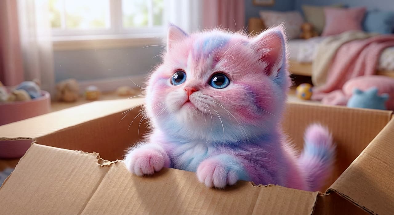 「まるで綿菓子🍭✨ パステルカラーの夢かわ子猫ちゃん、箱の中から「おはニャ〜」ってご挨拶💖🌈」A chubby kitten with fantasy pastel fur (pink, blue, and lavender gradient) resembling cotton candy, peeking out of a cardboard box. It rests its tiny paws on the edge and looks up with sparkling blue eyes in soft morning light. ピンク、青、ラベンダーのグラデーションになった、綿菓子のようなパステルカラーの毛並みを持つ子猫。ダンボール箱の縁に前足をかけて身を乗り出し、キラキラした青い瞳で上を見上げている