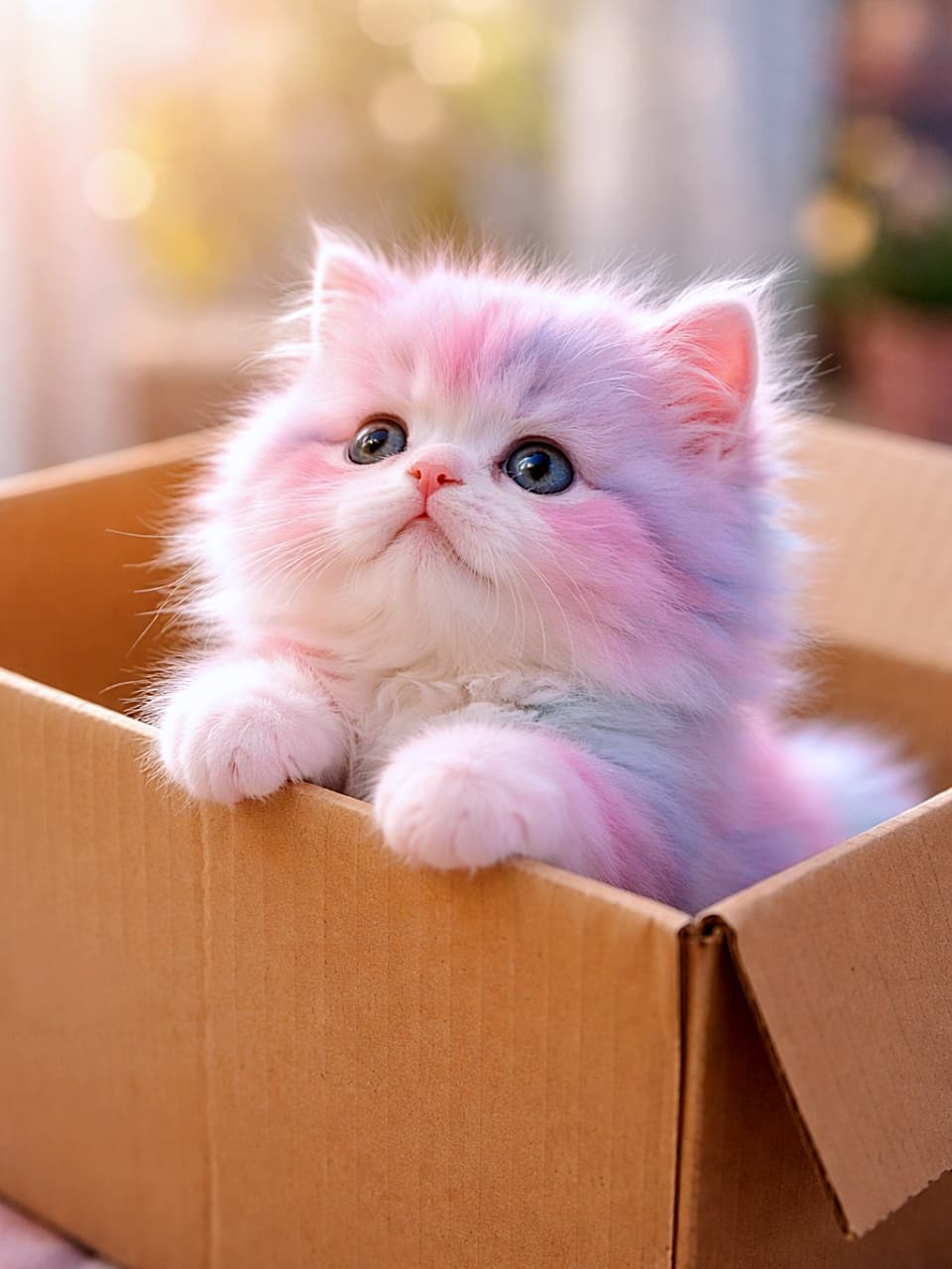 「段ボールからこんにちは🌈わたあめカラーの子猫、今日も好奇心100％です🧺🐾」A chubby pastel rainbow-colored kitten peeking out of a cardboard box, with soft pink, blue, and lavender fur glowing in gentle morning light. 段ボール箱からひょっこり顔を出す、パステルレインボーカラーのふわふわな子猫