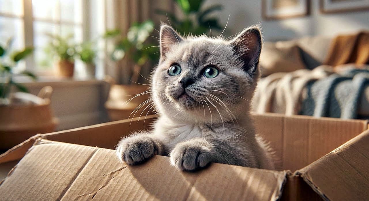 「お目々キラキラ、何見つけた？箱の中から好奇心いっぱいなトンキニーズの子猫ちゃん。神秘的な毛色が素敵！」A chubby Platinum Mink Tonkinese kitten with aquamarine eyes peeks out of a cardboard box, looking upwards with curiosity in a sunlit living room with a bokeh background. 明るい日差しが差し込むリビングルームで、アクアマリン色の瞳を持つぽっちゃりしたプラチナミンクのトンキニーズ子猫が、段ボール箱から顔を出し、好奇心に満ちた様子で見上げている