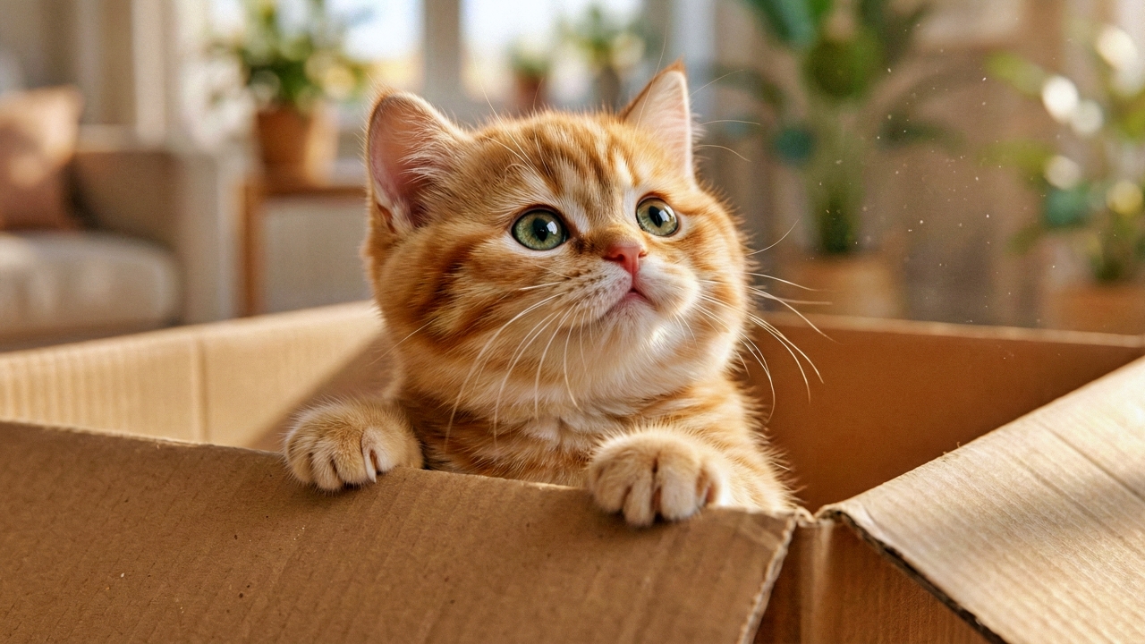 「キラキラお日様、舞う埃。箱からひょっこり、冒険の始まりだニャ！」A chubby red tabby Munchkin kitten looks up from a cardboard box in a sunlit living room, with dust motes dancing in the bright light. 明るい日差しのリビングで、茶トラのマンチカンの子猫が段ボール箱から見上げ、光の中で埃が舞っている