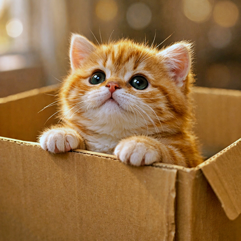 「「まだ出たい…でもちょっと怖い？」段ボール箱から世界をのぞく、好奇心むちむち子猫🐾」A chubby red tabby Munchkin kitten peeks out of a cardboard box, looking upwards against a warm, soft bokeh background. 温かく柔らかなボケを背景に、茶トラのマンチカンの子猫が段ボール箱から顔を出し、上を見上げている